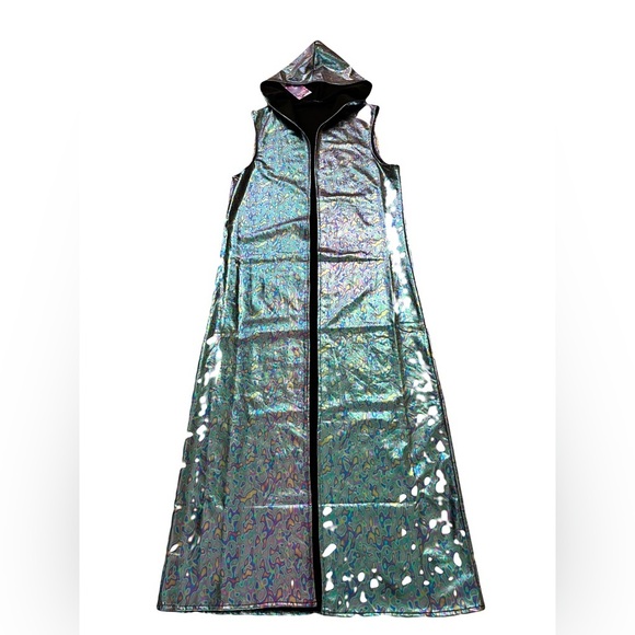 Holographic Long Hooded Rave Festival Unisex Vest NWT - Picture 3 of 5